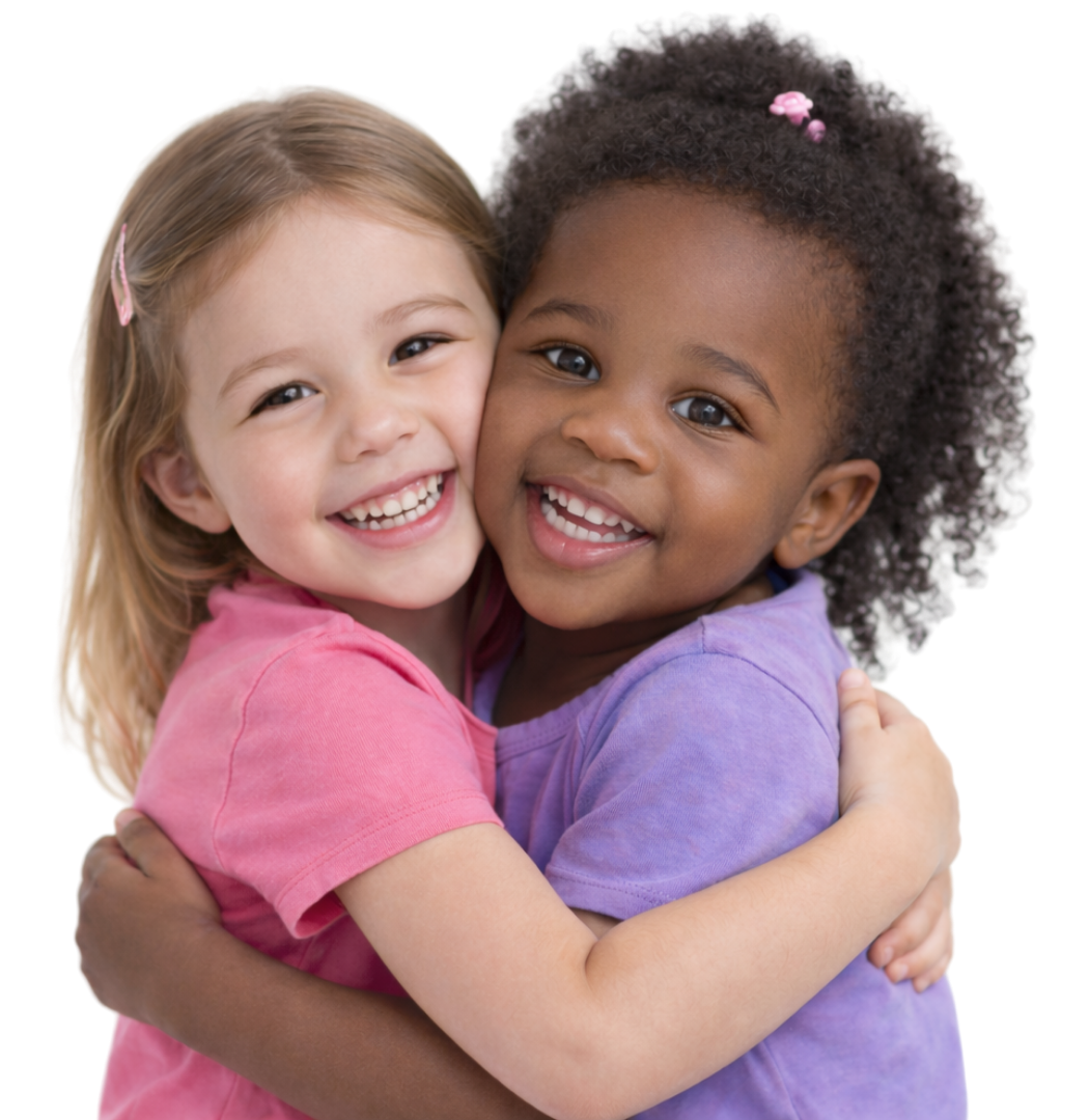 two smiling kids hugging